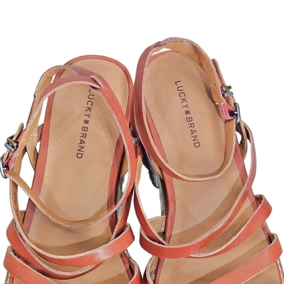 Lucky Brand Espadrille Sandals Womens Brown Leather Size 8.5 Boho Prairie Wedge - Picture 9 of 13